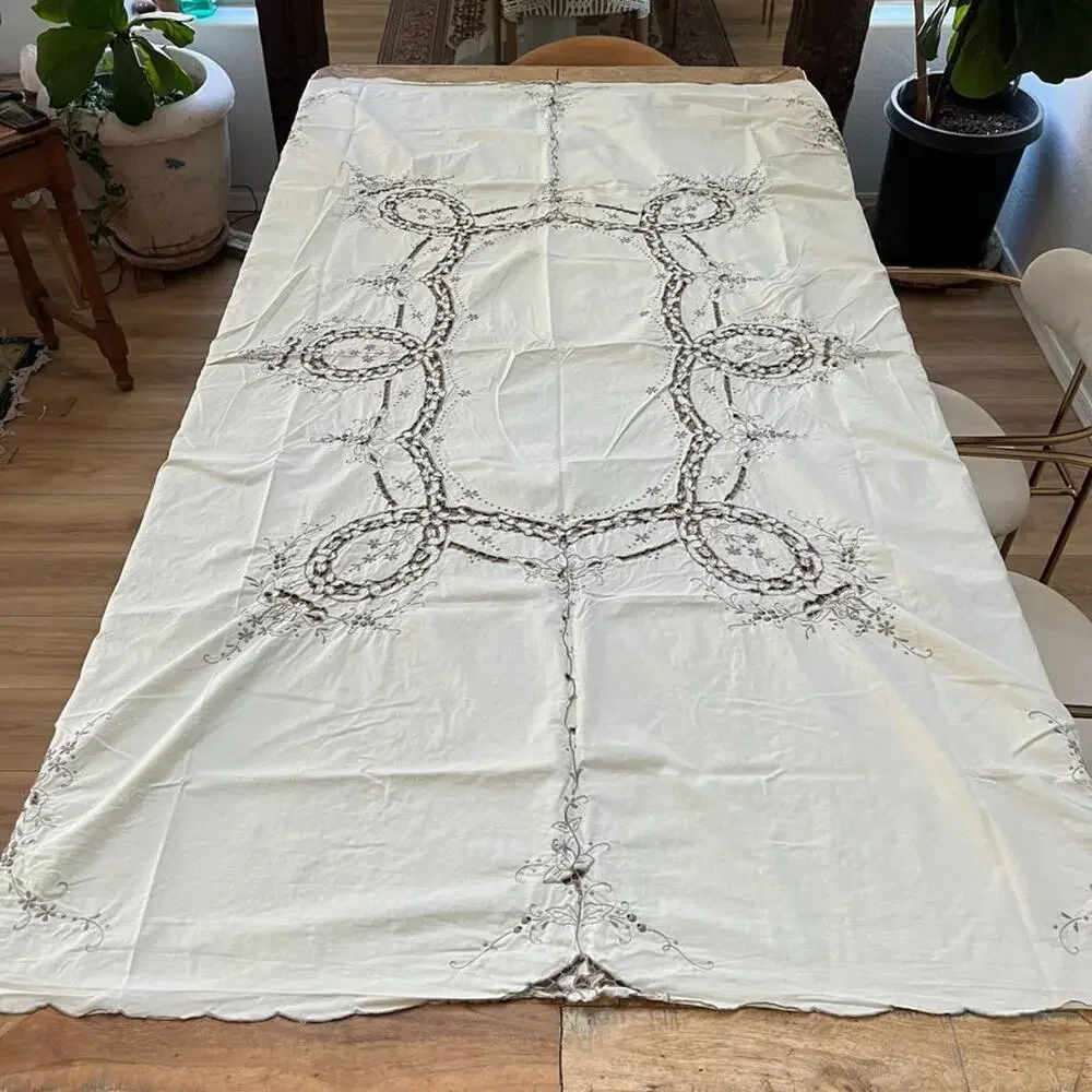 Vintage Ivory Linen Tablecloth 78” X 61” Floral Cutwork Madeira Embroidery